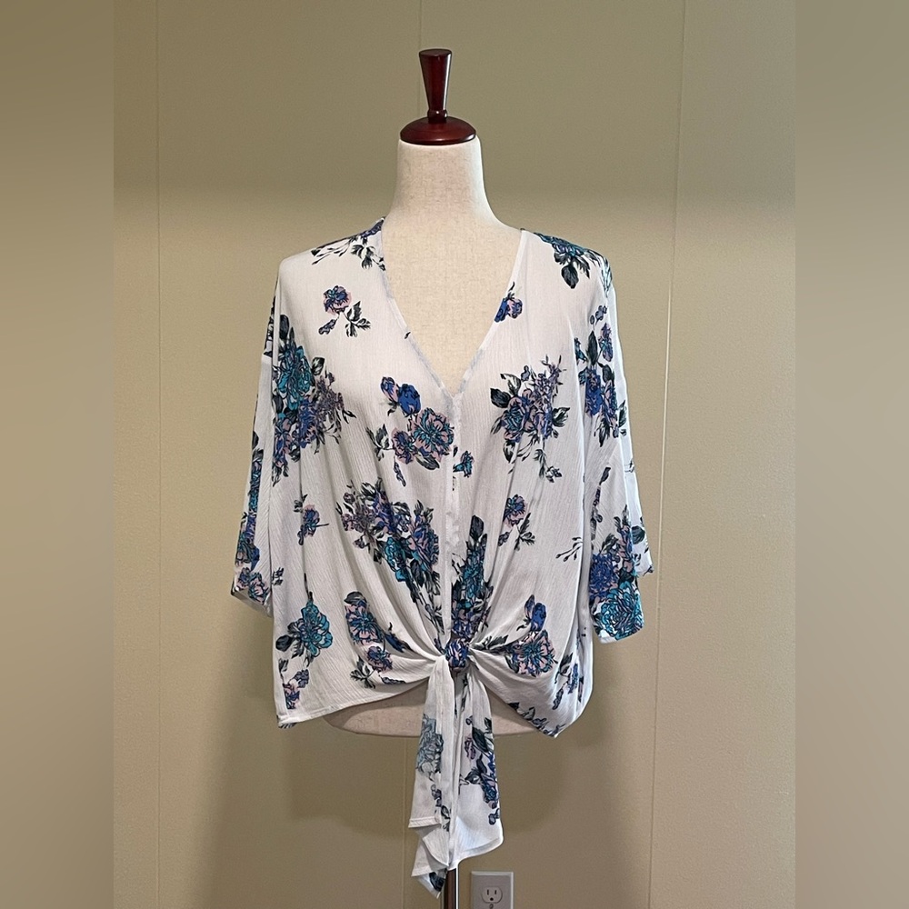 Luq V-neck Floral Tie Front Semi-sheer Blouse White Multi Size XXL